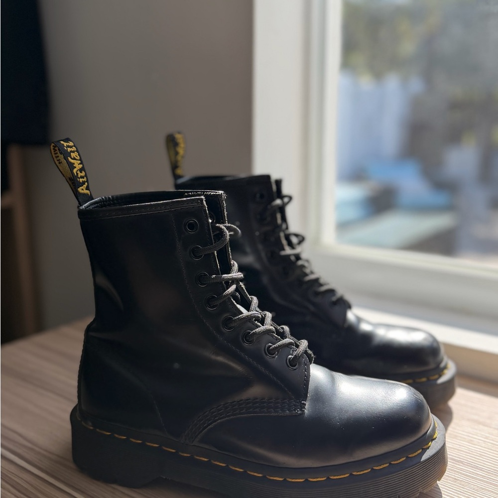 Dr. Martens Black Leather Boots with Yellow Stitching